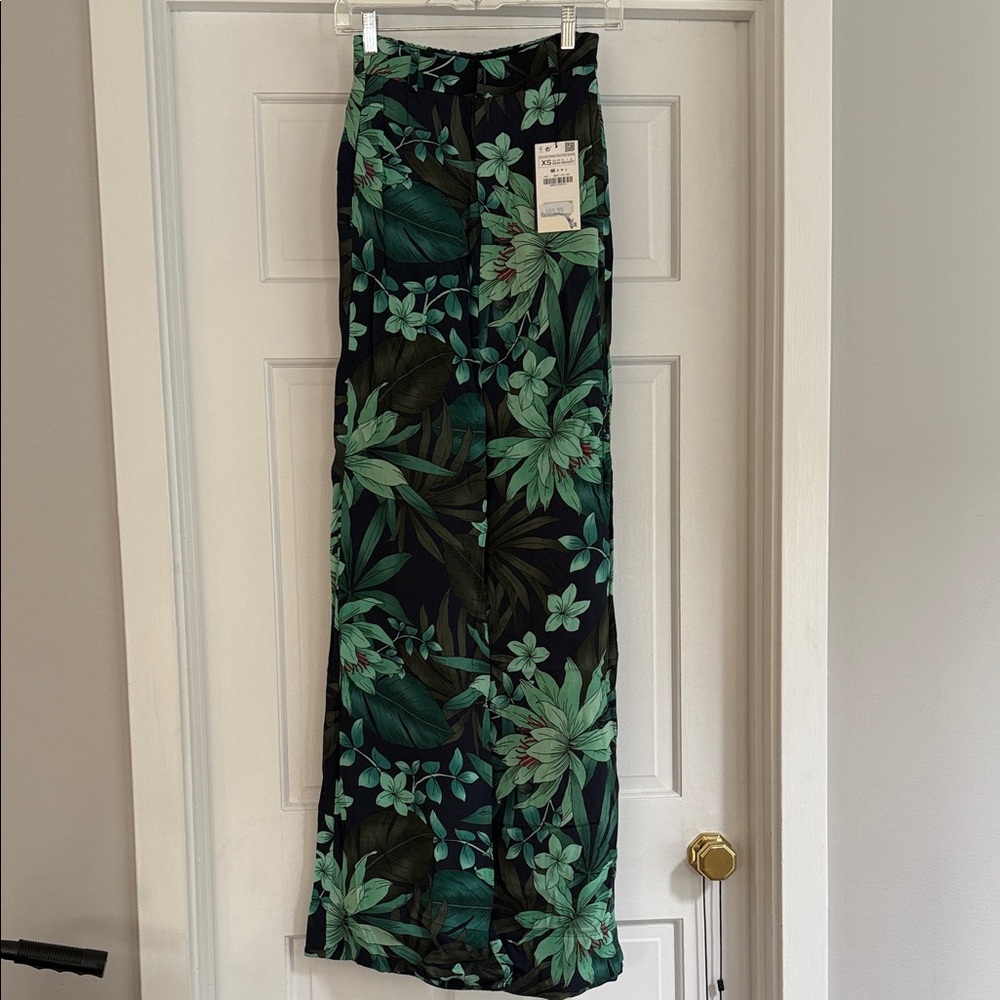 Zara Green Floral Wide Leg Pants